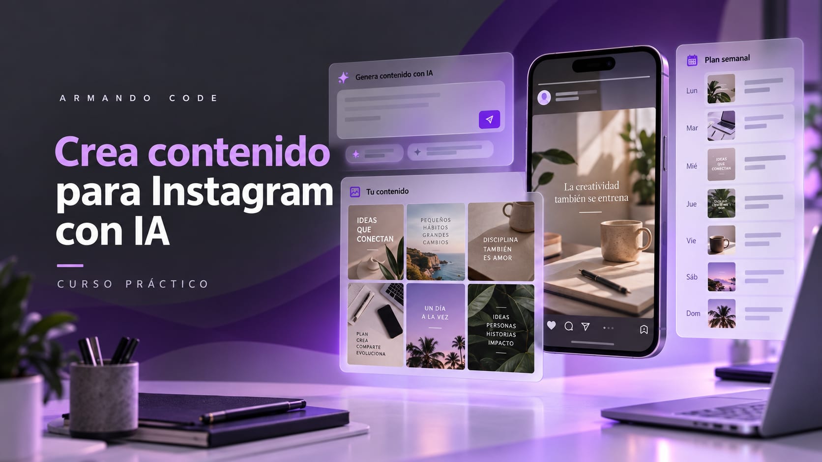 Instagram AI course cover with content previews and a weekly planner